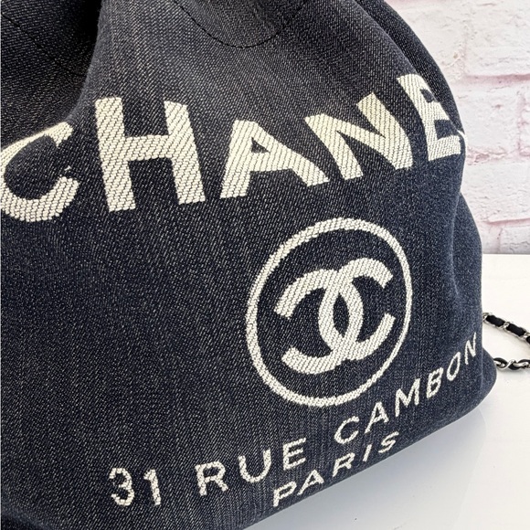 Chanel Deauville Large Navy Denim Canvas Drawstring Backpack - Picture 3 of 15